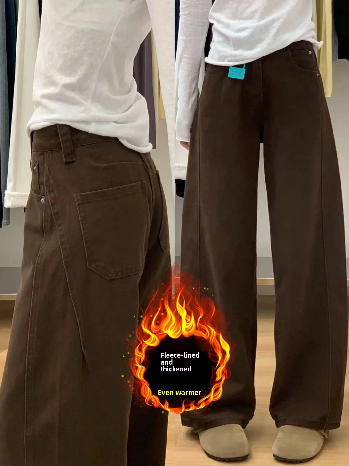 

plus Size Women's High Waist Straight Leg Jeans Fleece Lined Thickened Autumn Winter Loose Fit Long Pants Casual Cotton Denim