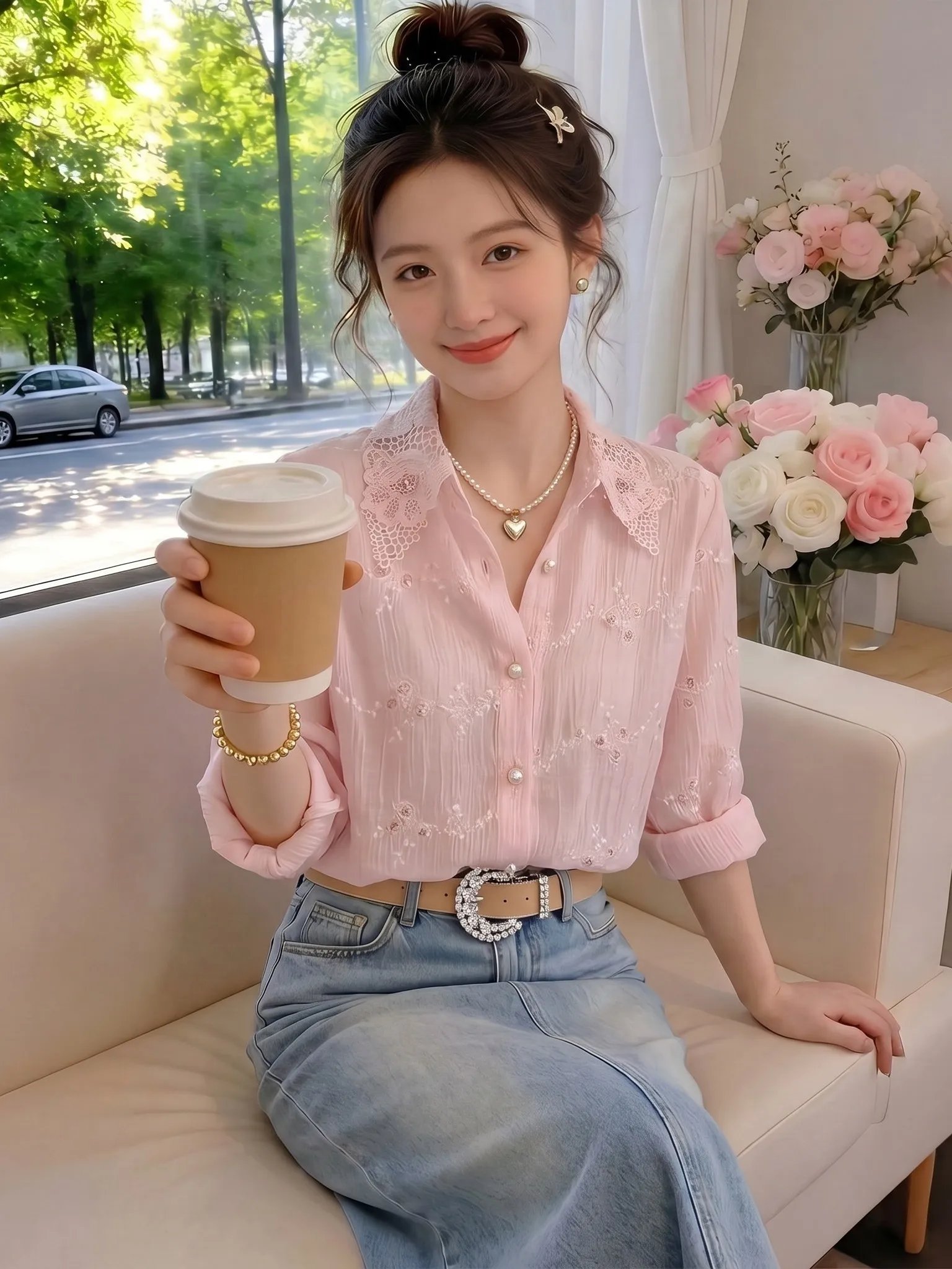 

Fashionable Pink Sun Protection Shirt Unique Beautiful Summer New Style Korean Loose Fit Long Sleeve Business Casual Shirt