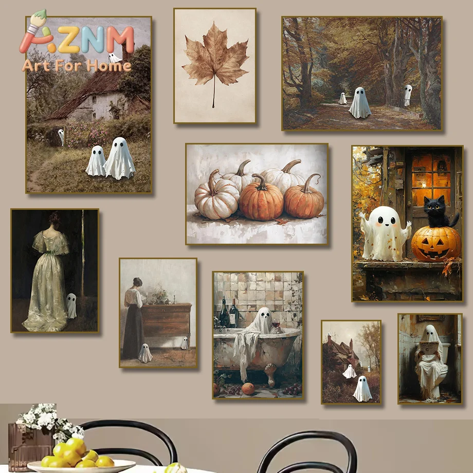 Halloween Spooky Ghosts Canvas Painting Print Autumn Halloween Forest Flower Wall Art Poster for Modern Living Room Home Decor