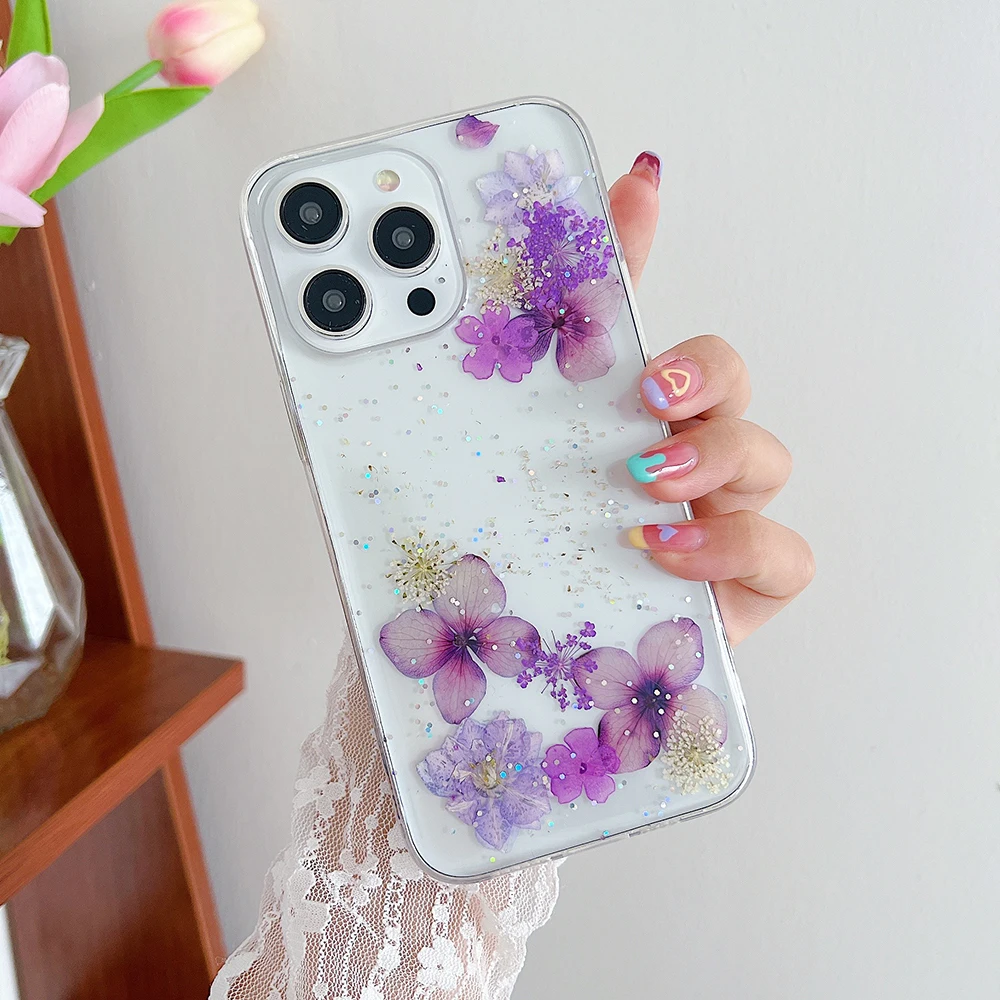 Qianliyao Purple Dry flower Phone Case For iPhone 16 15 14 13 12 11 Pro XR X XS Max 7 8 Plus 6 6s mini Soft Shockproof Cover