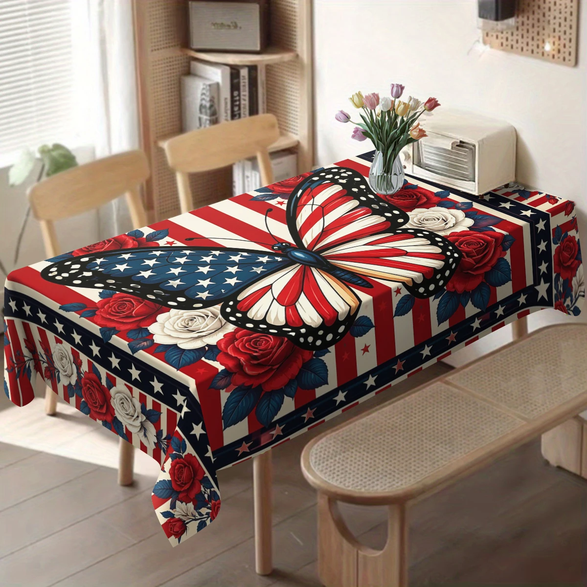 Patriotic Floral Sunflower Pattern Polyester Tablecloth - Decorative Dining Table Cover for American Themed Home Party Decor