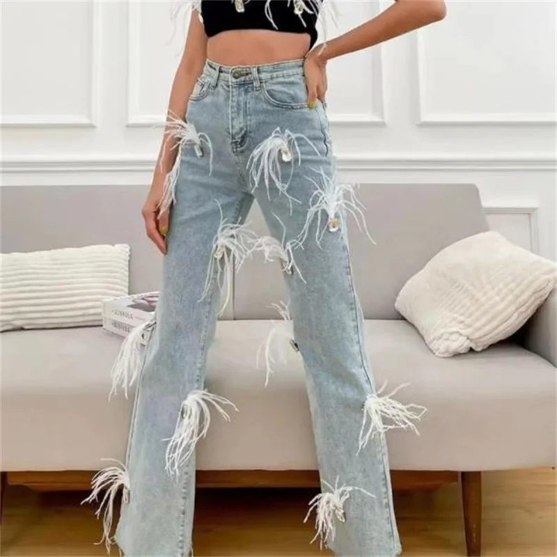 

White tassel rhinestone feather design high-waisted straight-leg wide-leg pants jeans women