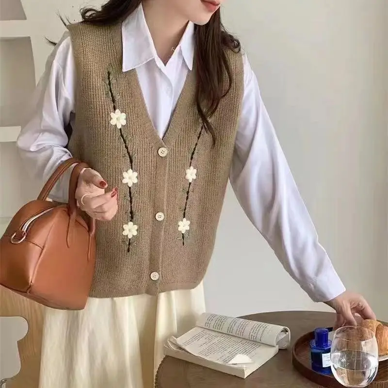 Office Lady Simplicity Elegant Casual Korean Sweater Vest Loose Women's Clothing 2023 New Winter Thin Solid Color V-neck Buttons