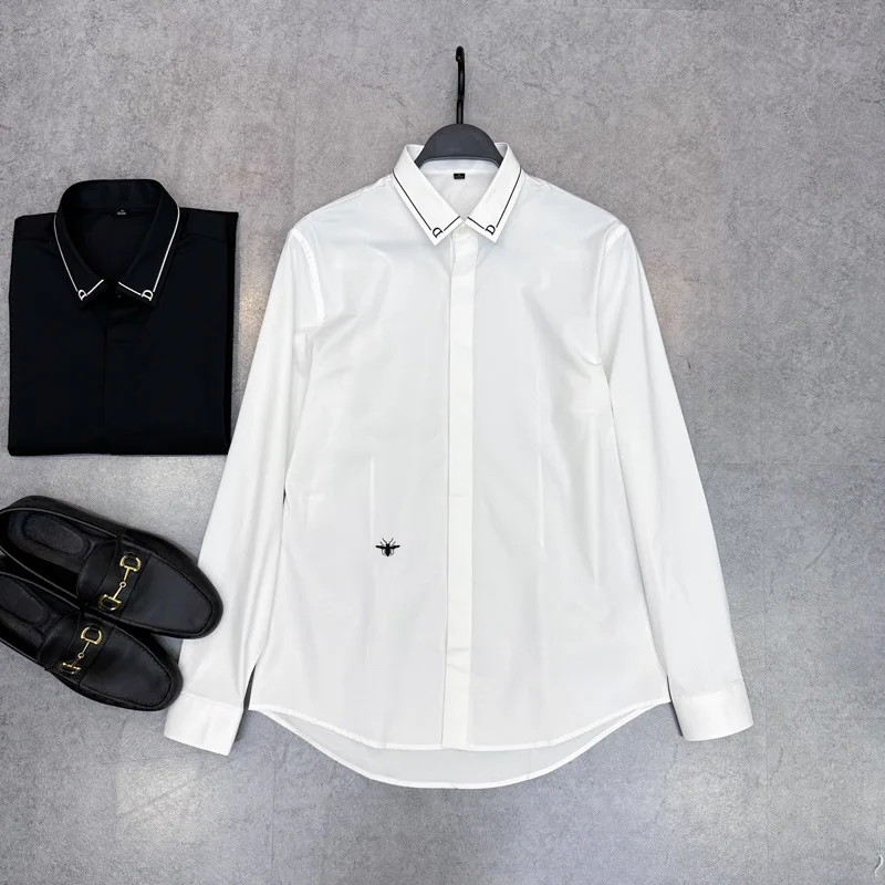 

Модная мужская рубашка с вышивкой пчелы, приталенного кроя, с длинным рукавом, весна-осень, деловой повседневный стиль, с отложным воротником, универсальная.