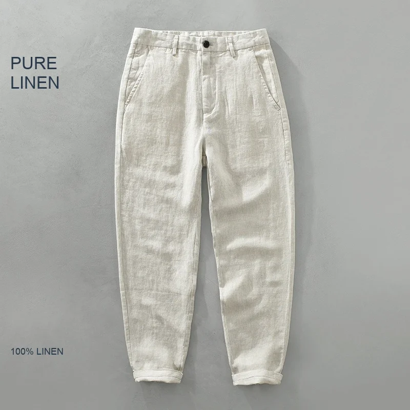 Mens 100% Linen Casual Pants Relaxed Tapered Fit Full Length Trousers with Pockets and Zip Fly for Summer Daily Holiday Wear