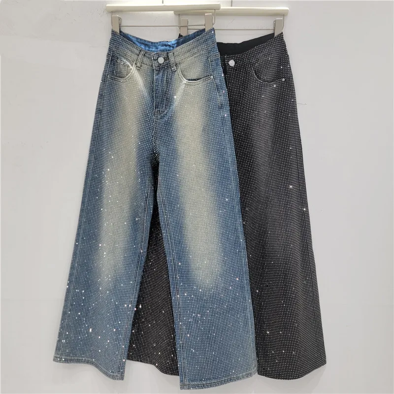 

Модные женские джинсы со стразами 2026: Новинка весны, ретро, свободные, широкие, прямые, джинсовые брюки, женская уличная одежда