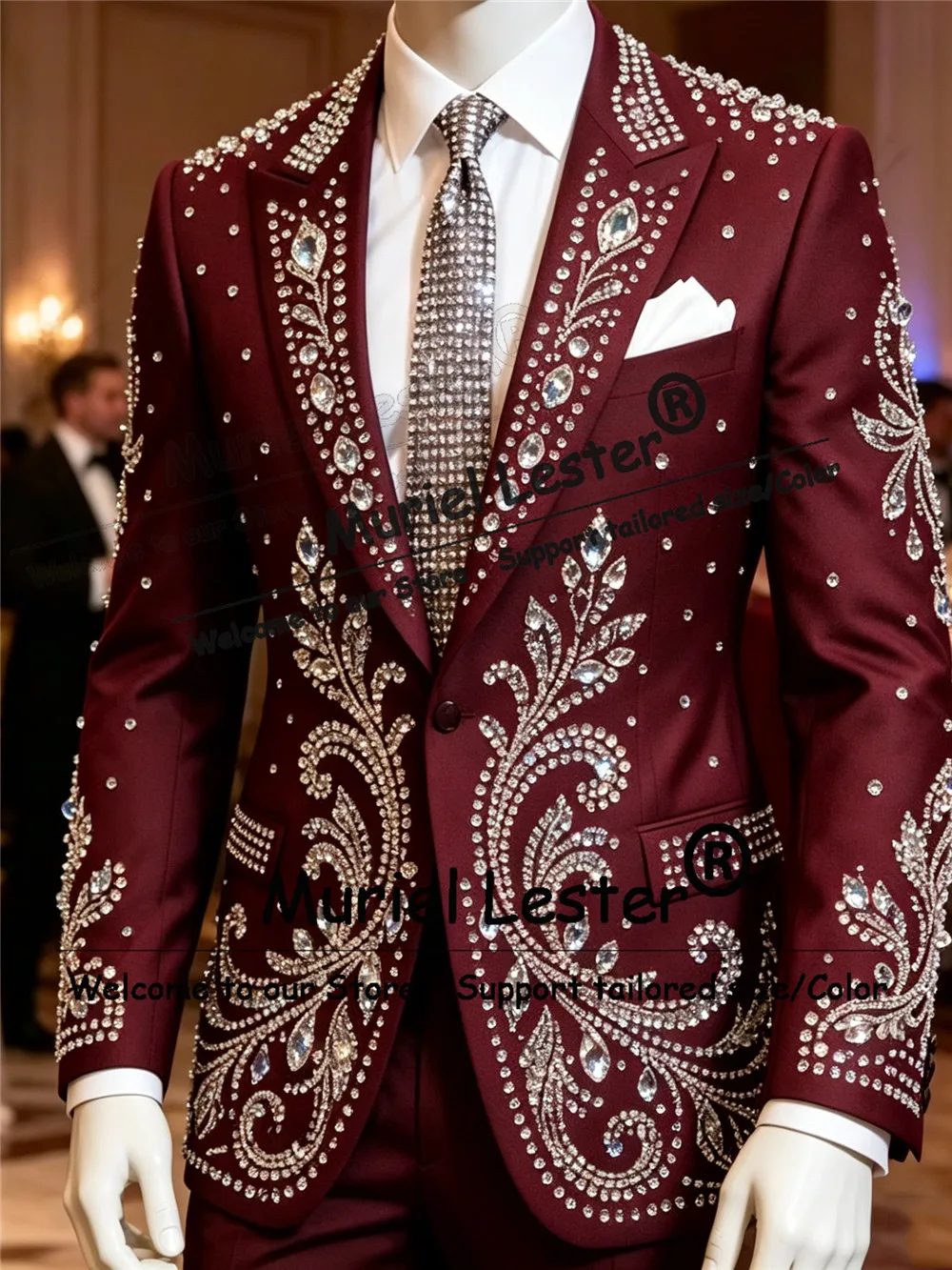 

Brilliant Suit Men For Wedding Rhinestone Beaded Jacket Pants 2 Pieces Sets Groom Tuxeods Customized Man Business Party Outfits