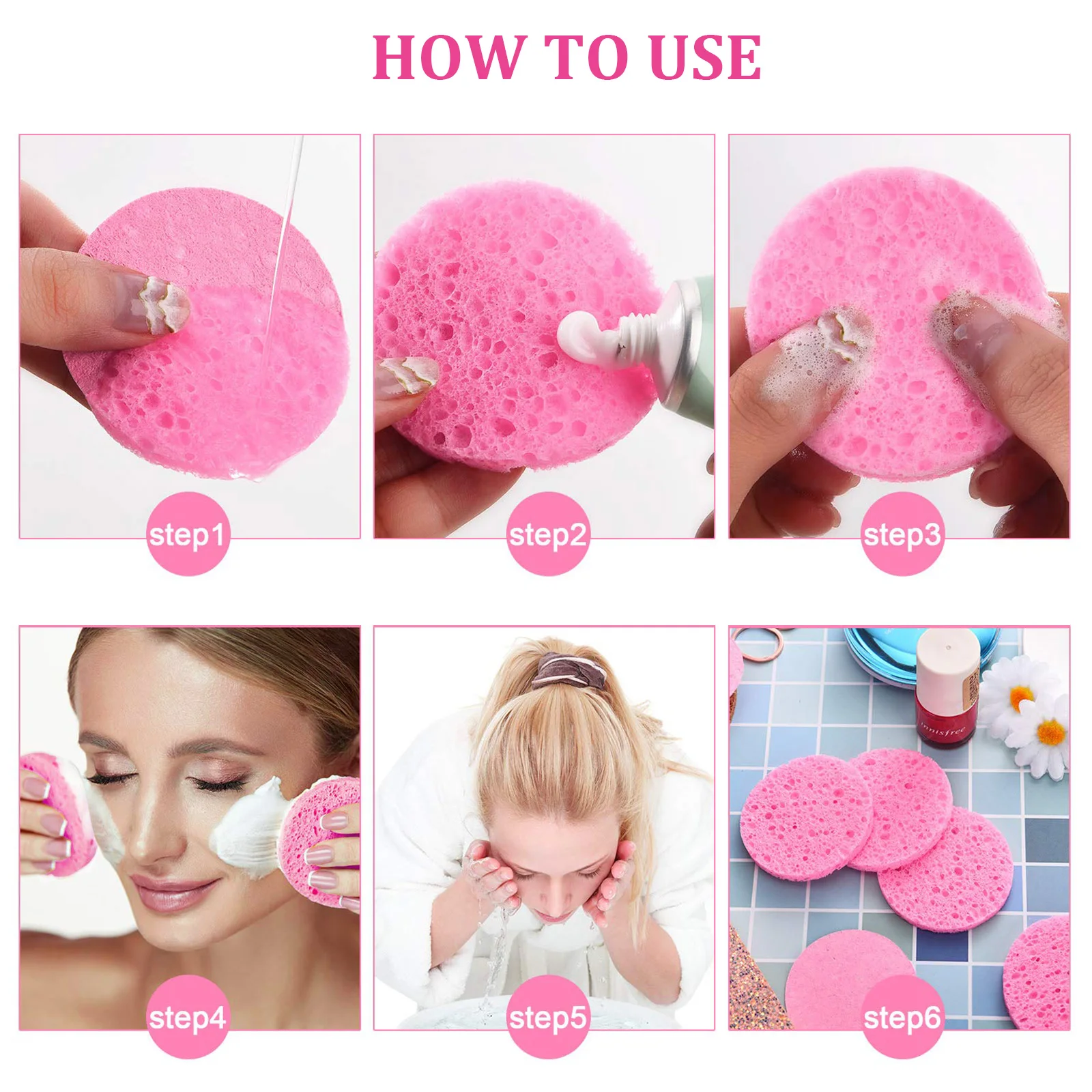 

50pcs Pink Makeup Sponges Facial Makeup Removal Sponge Cleansing Wood Pulp 80x80mm Cellulose Safe Exfoliating Daily