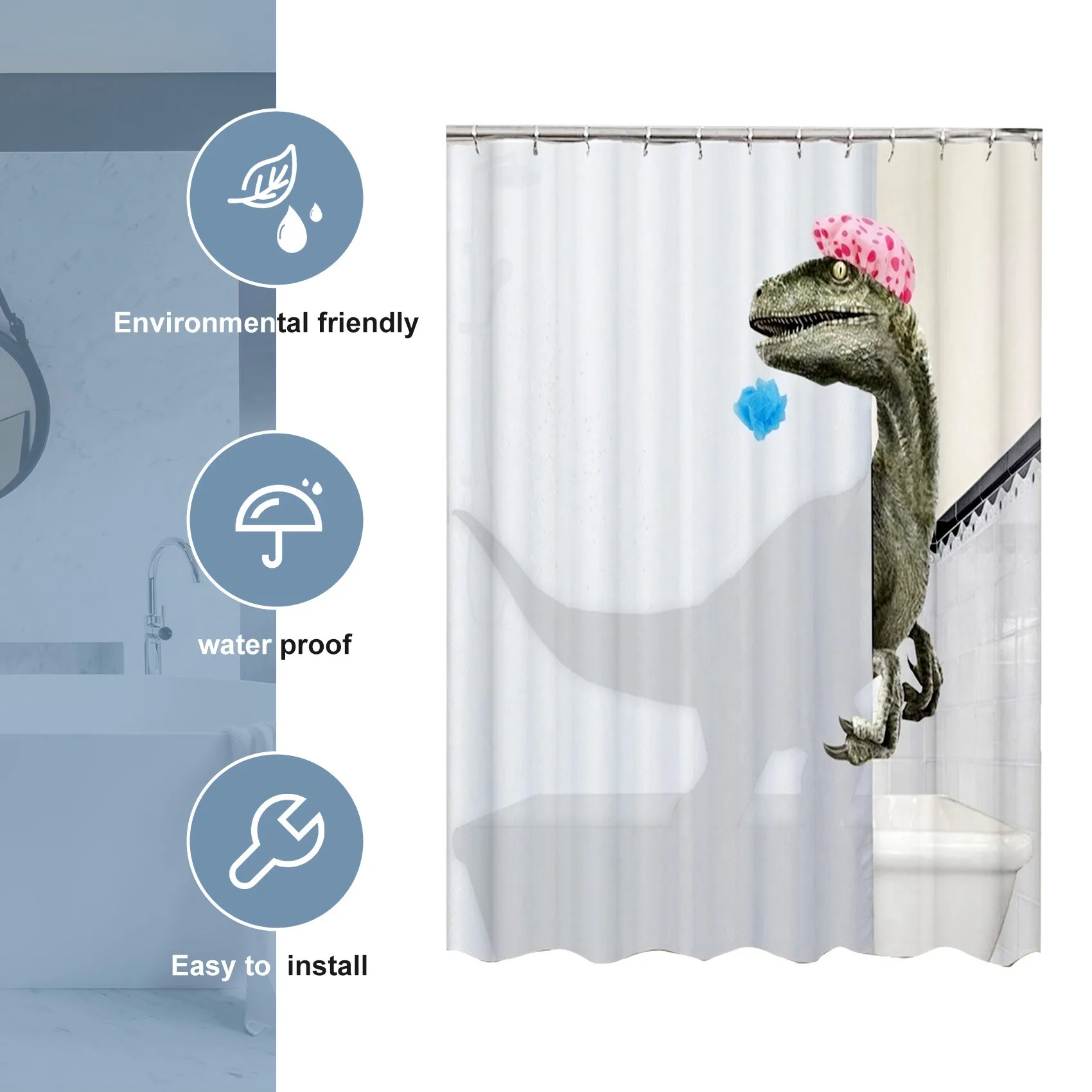 feelfeel Lovely Bathing Dinosaur Print Shower Curtain Waterproof Bathroom Curtain Shower Accessories Bath Curtain180x180Cm