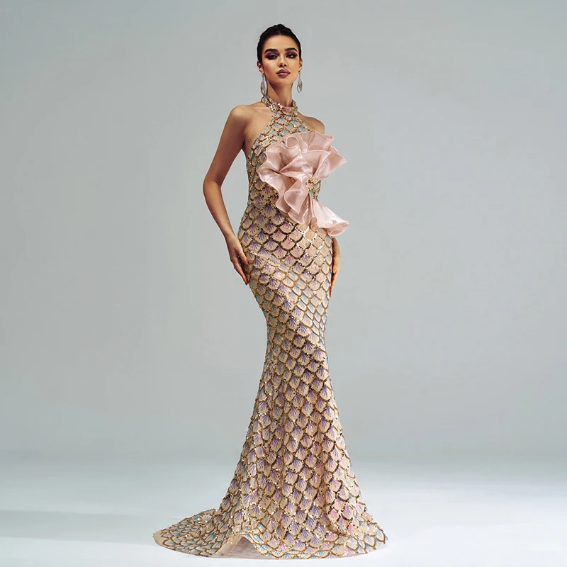 

Summer Women Elegant Halter Backless Sexy Sequined Prom Evening Cocktail Formal Occasion Mermaid Long Maxi Dresses Vestidos