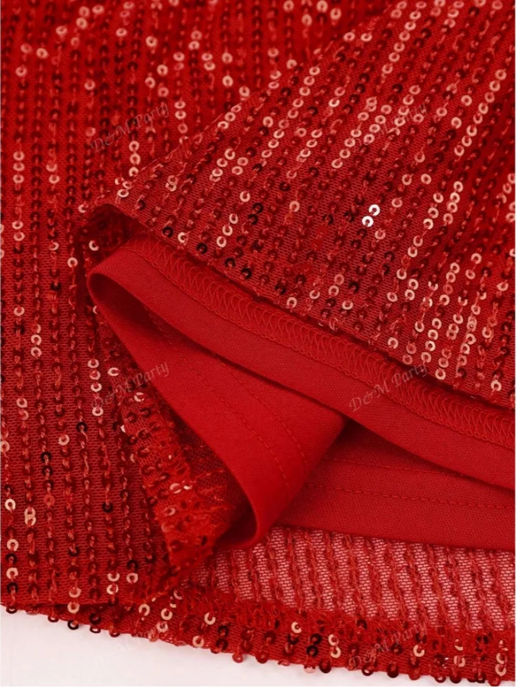 D & M-Robes à paillettes rouges pour femmes, col en V, manches longues trompent, mini batterie avec paillettes, robe de soirée sexy, couleur unie