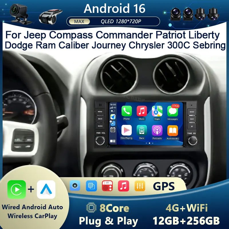 For Jeep Compass Commander Patriot Liberty Dodge Ram Caliber Journey Chrysler 300C Sebrin BT 4G WiFi GPS DSP IPS HD Touch FM RDS