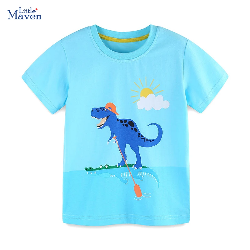 Little maven 2024 Tops Kids Clothes New Baby Boys Blouses Blue T-shirts for Children's Clothing Cartoon Dinosaurs Cotton