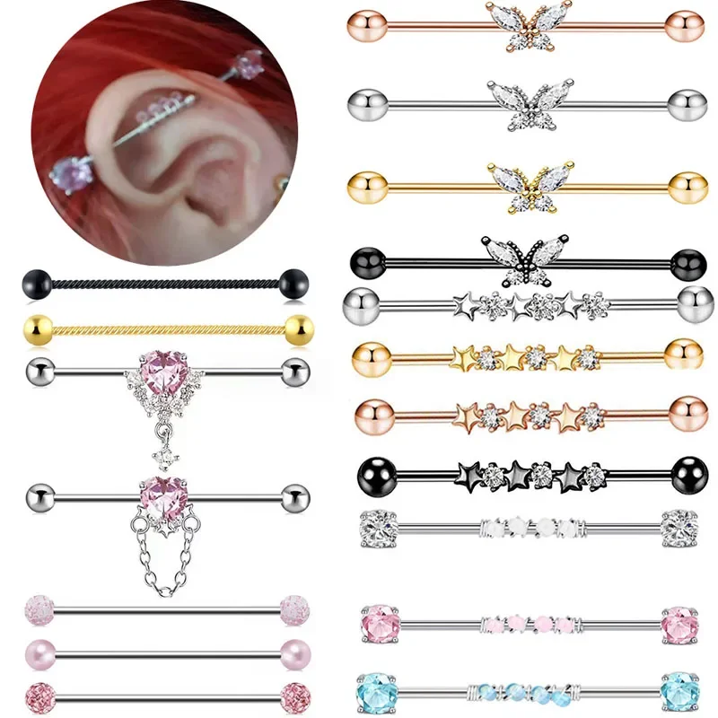1 pçs estrela conjunto de piercing industrial 14g borboleta barra industrial cartilagem em massa brinco corpo piercing jóias 1/2 Polegada 38mm