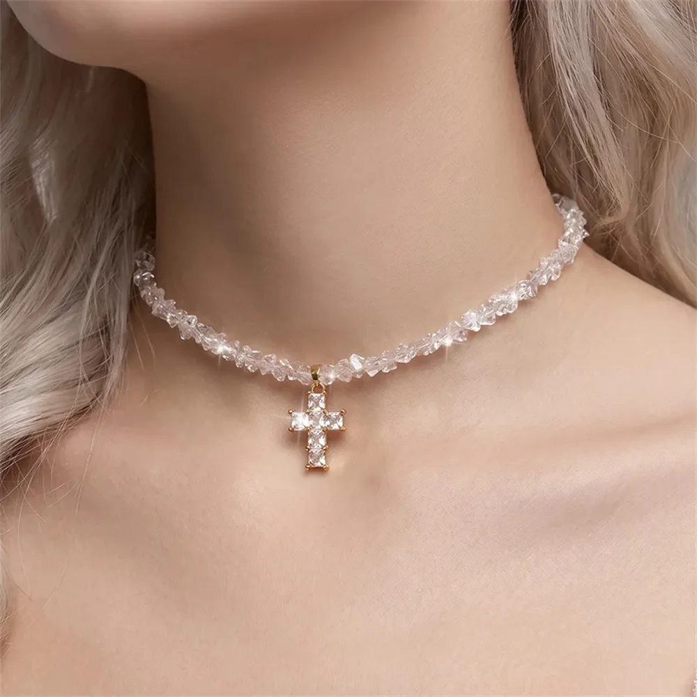 Gothic Black Zircon Cross Necklace Trendy Black Crystal Beaded Chain Necklaces for Women Daily Wear Jewelry Gift