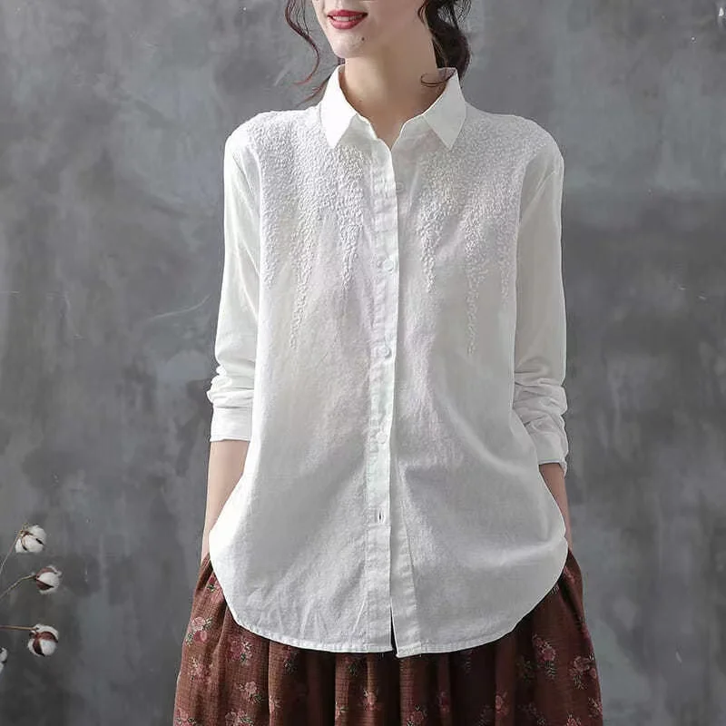 Cotton White Embroidered Long Sleeve Tops Women Shirt New 2024 lapels Buttons Casual Fashion Wild Blouse Female Clothes