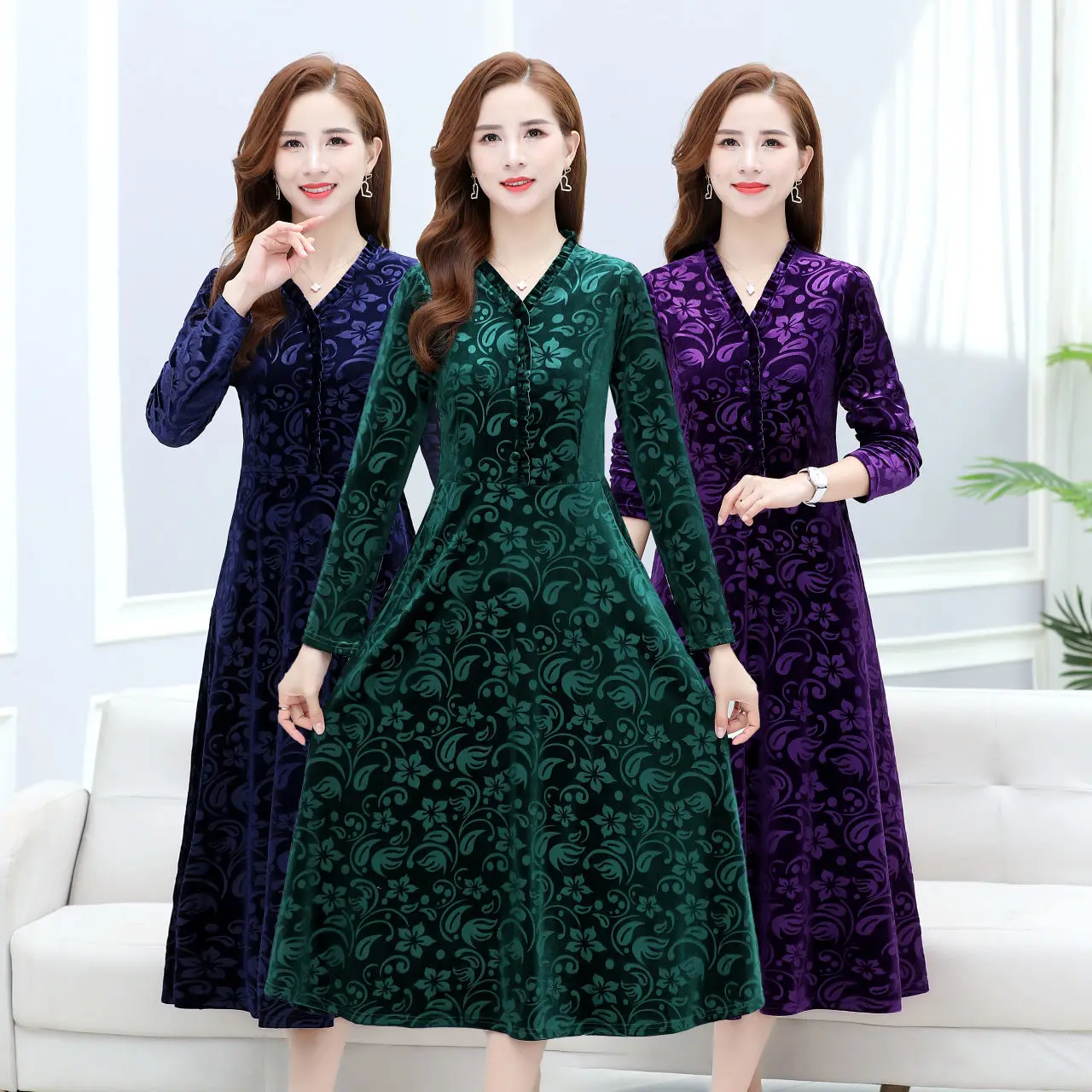 Women Golden Velvet Dress 2025 New Printed Long Sleeved V-neck Party Dress Middle Aged Women Clothing Long Dresses Vestidos 5XL