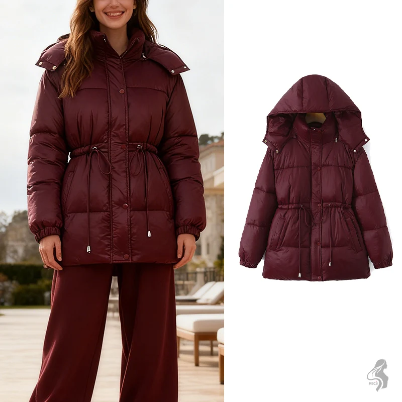 

Womens Padded Jacket With Hood Zipper And Drawstring Mid Length For Warmth Stylish And Versatile Suitable For Everyday Commuting