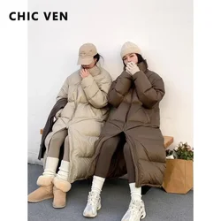 CHIC VEN-abrigos de plumón de pato blanco para mujer, chaquetas largas y gruesas, abrigo cálido, chaqueta informal suelta, otoño e invierno, nuevo, 2023