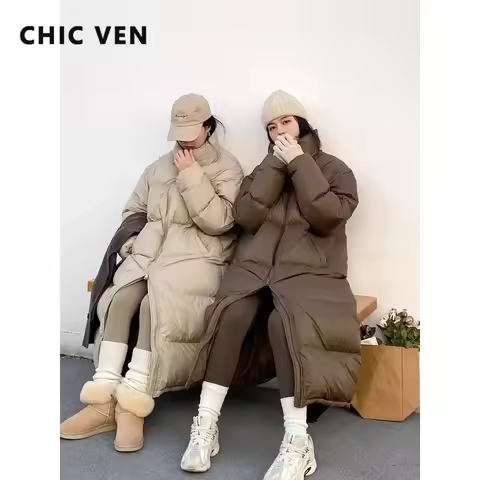 CHIC VEN Women Down Coats New Long Thick Warm Down Jackets Overcoat White Duck Down Loose Casual Jacket Autumn Winter 2023