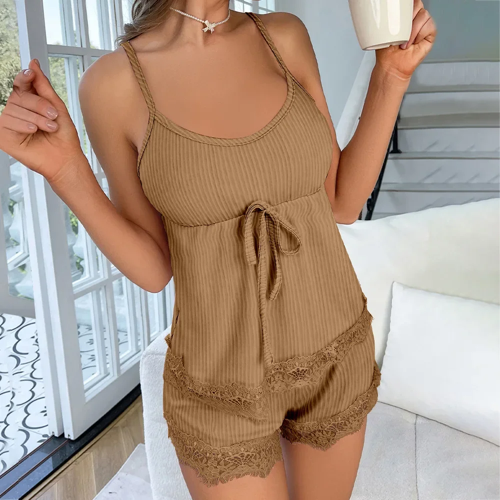 Two Piece Women's Camisole Sexy Lace Suspender Pajama Shorts Set Casual Women's Sleeveless Sexy Pajama Set Solid Bow Decorate image 5