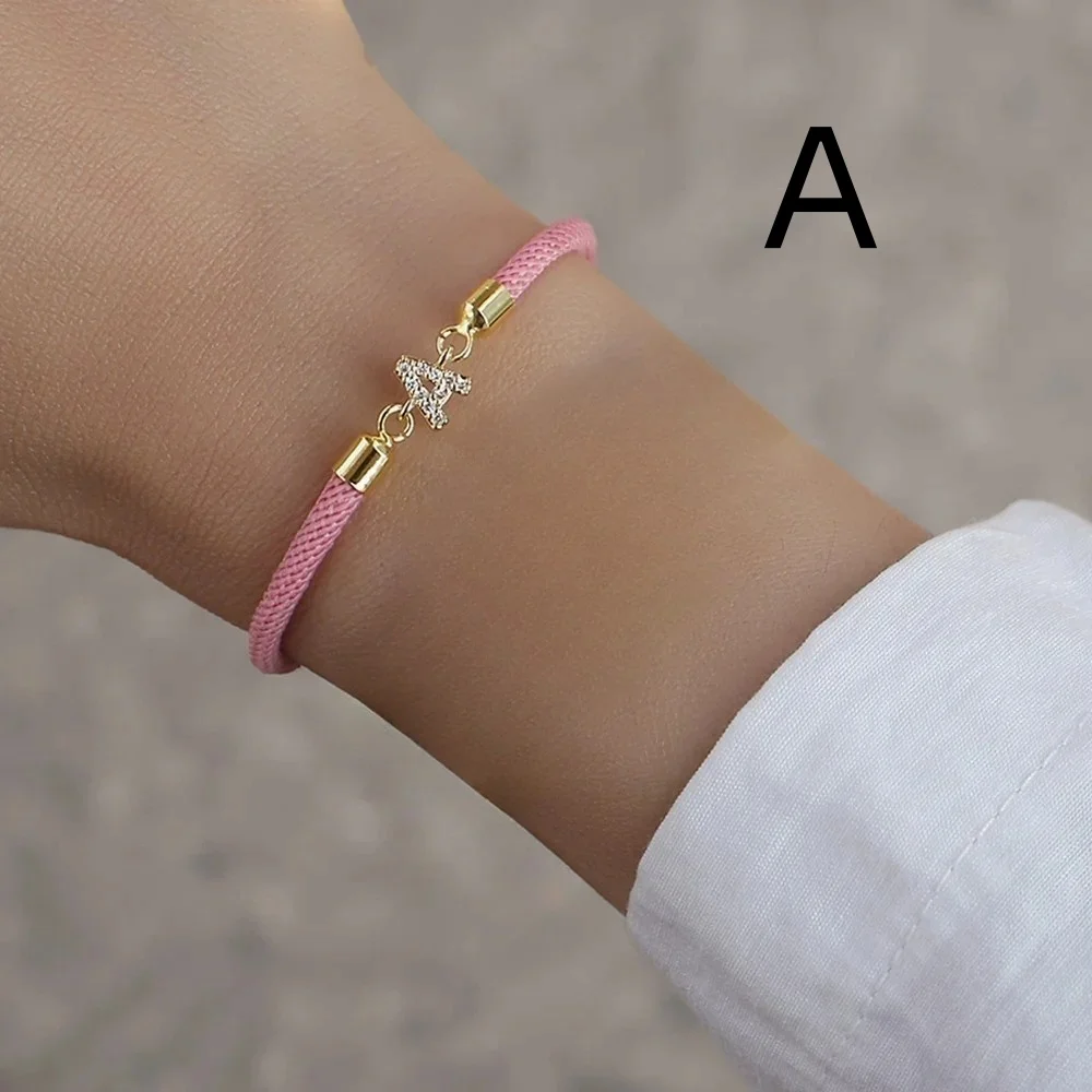 New Brand Fashion Pink Initial Letter Charm Bracelet Women Pave Zirconia 26 A-Z Adjustable Rope Bracelet Women Jewelry Gift