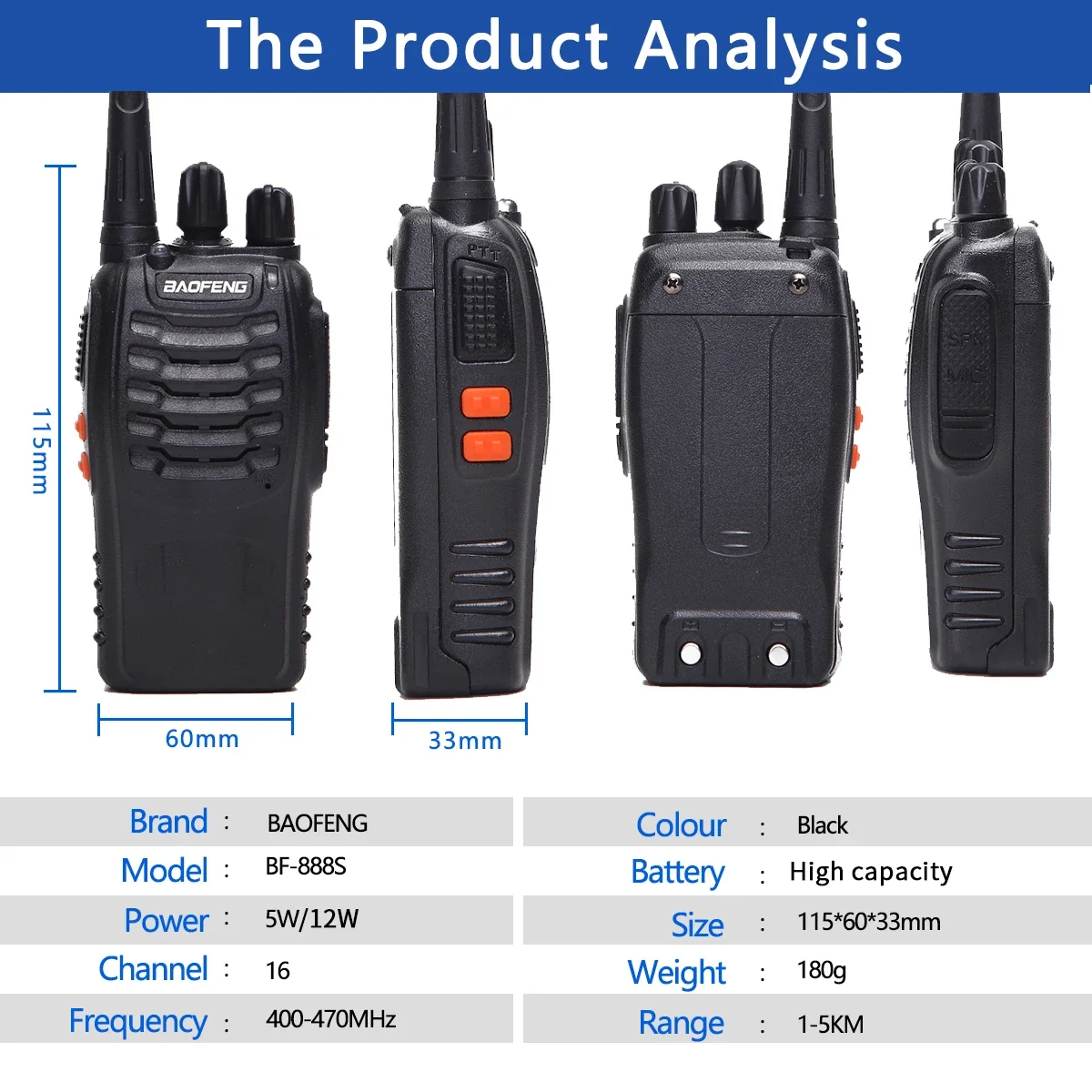 Baofeng Long Range Walkie Talkie, transceptor de rádio em dois sentidos, USB para caça, BF-888S, UHF 400-470MHz, 888s, 100km ², 2pcs