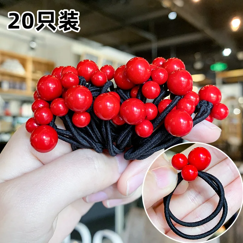 20 or 30pcs Red Bead Black Elastic Hair Bands Cute Acrylic Fruit Round Rubber Ring Ties Accessories for Girls Hair Ornaments