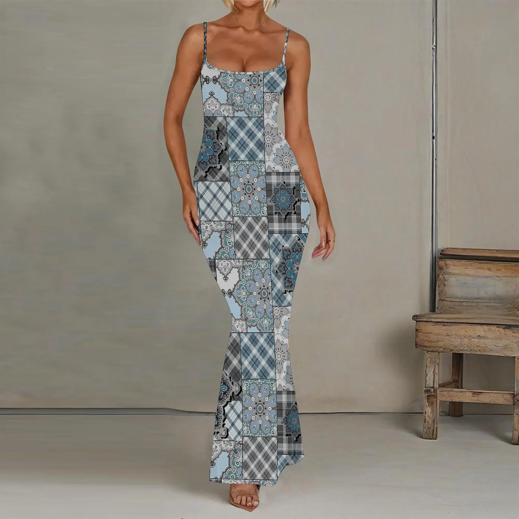 

EQQZD Modern Patchwork Pattern Print Spaghetti Strap Maxi Dress, Stylish & Sexy Sleevless Fishtail Dress for Women