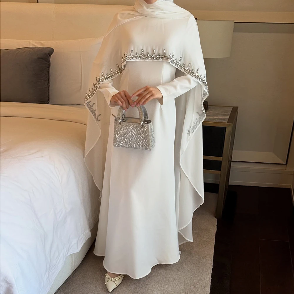 

Customized A-line Evening Dresses Ankle-length O-neck Full Sleeve Prom Gown Fashion Crystal Stole Simple Draped Party Gown