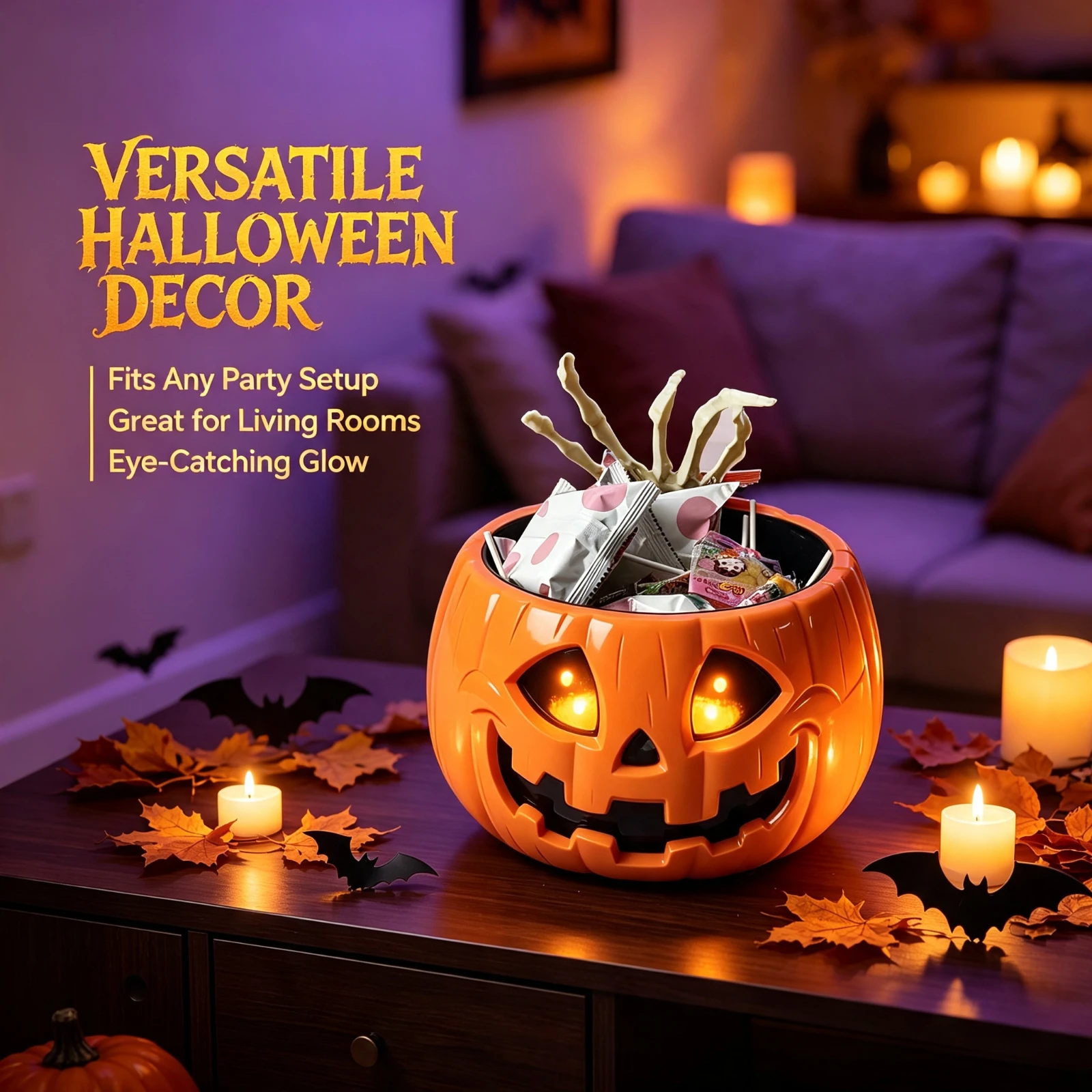 Home Decor Lighting Tricks - Electric Halloween Pumpkin Candy Bowl, LED