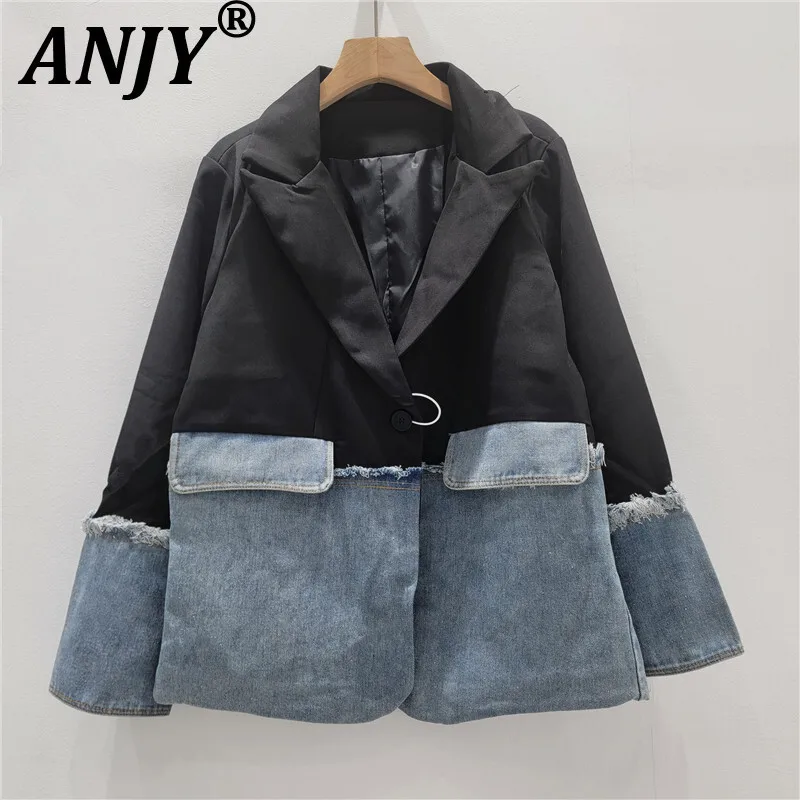 

ANJY 2025 Autumn Winter New Women Fashion Versatile Loose Slimming Denim Blazer Casual High Street Patchwork Trend Jacket A11871