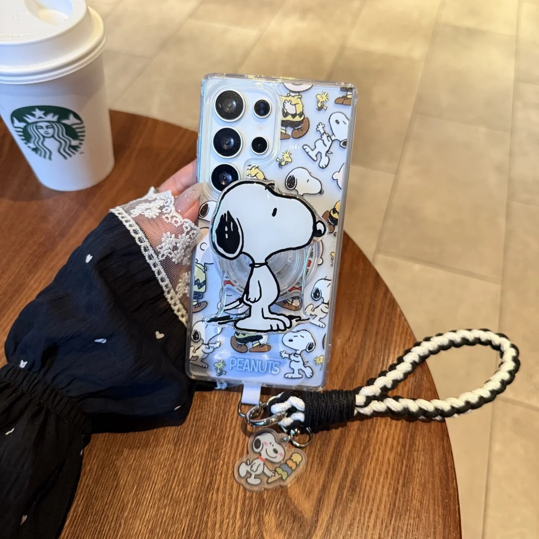 

Snoopy Peanut Magnetic Holder Lanyard Phone Case for Samsung Galaxy S25 Edge S24Ultra S23 S22Plus Wireless Charge Clear PC Cover