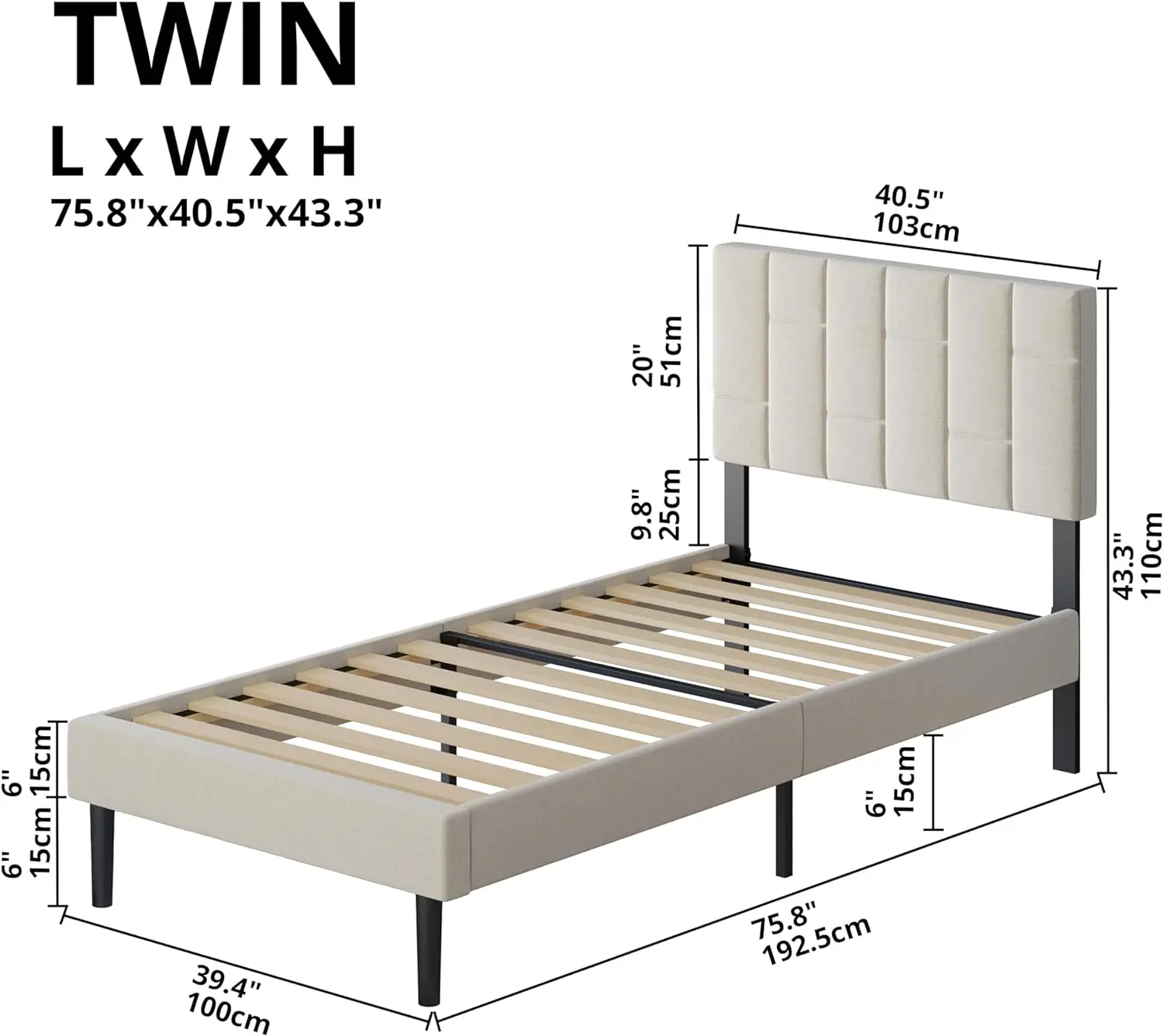 Rangka kasur kembar dengan Headboard, tempat tidur Platform lapisan kain Modern dengan Headboard dan penyangga bilah kayu, tanpa kotak pegas diperlukan