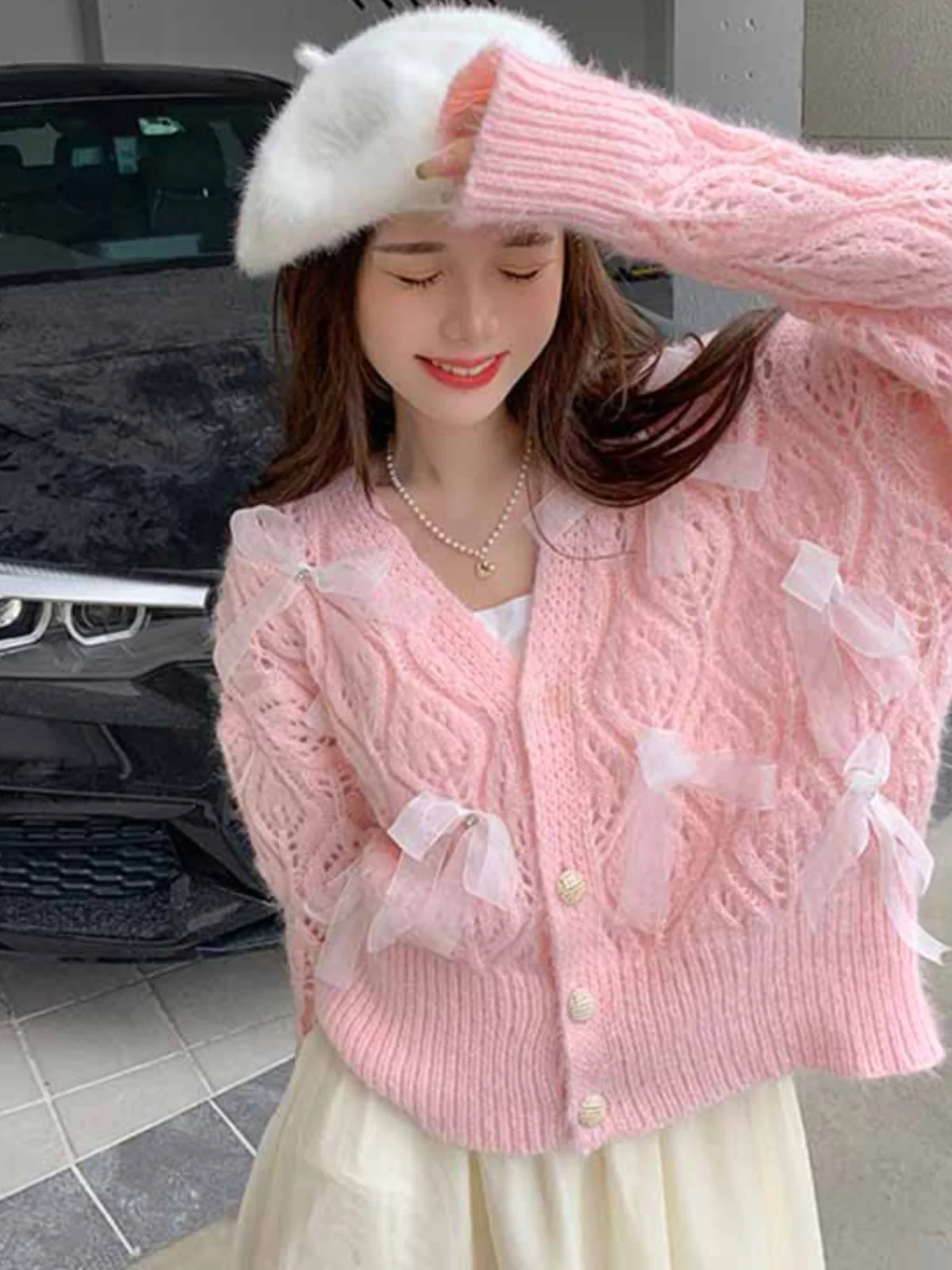 

Sweet Soft Knitted Long Sve Women's Sweater Early Autumn 2023 Hollow out Knot Knit Cardigan Coat Warmth Heating