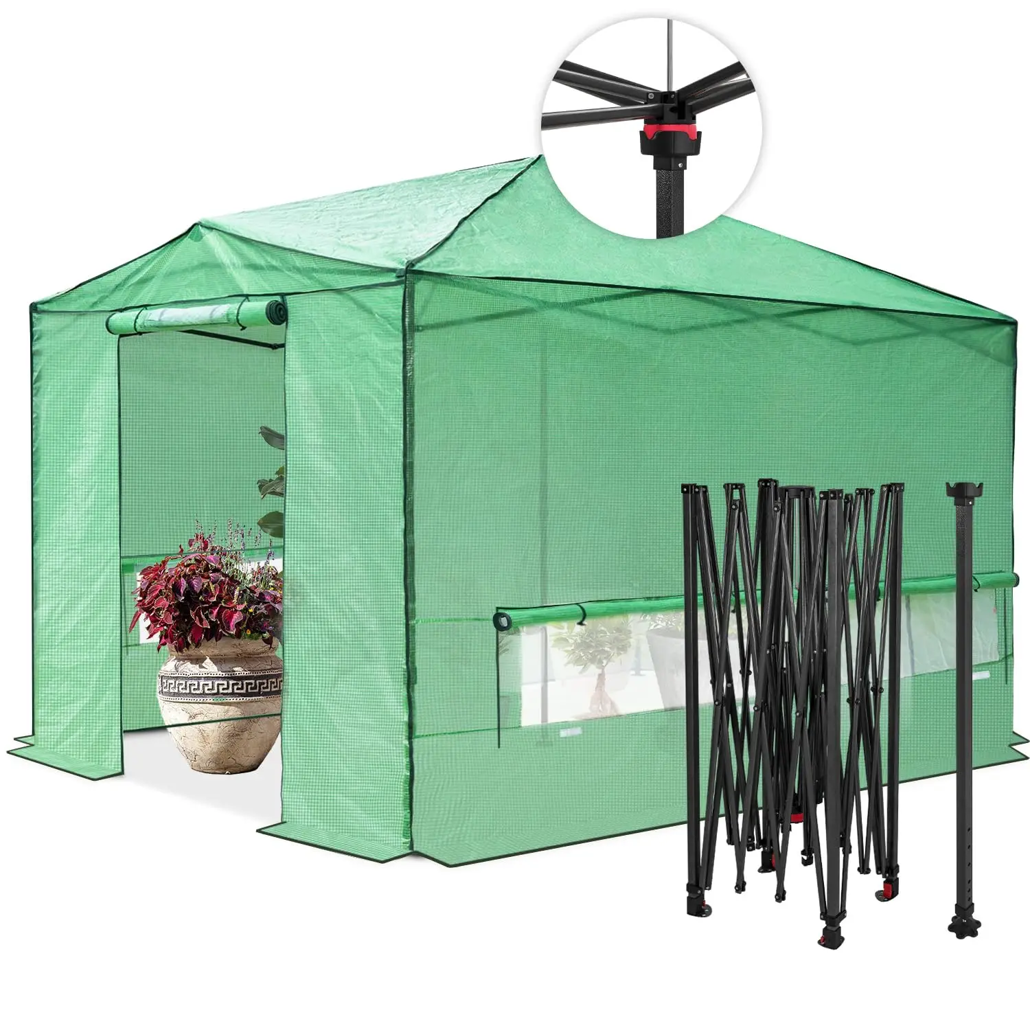 12x8ft Easy Setup Pop Up Greenhouse with Support Pole, Clear Green Cover, Customized