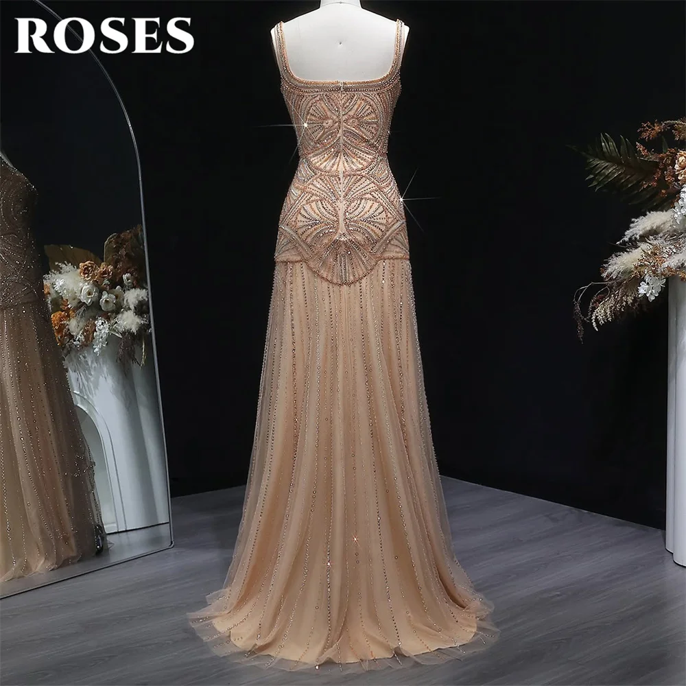 ROSES Champagne Prom Dresses Spaghetti Strap Sleeveless Evening Dresses Beading On Chest Party Dress Robe De Soirée Customized