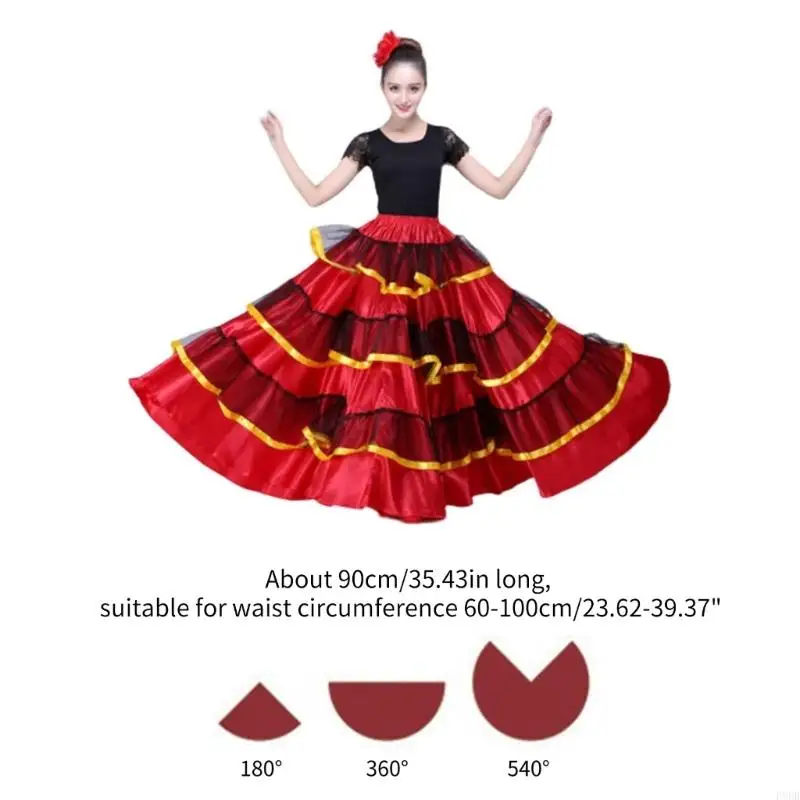 P8DB Womens Elegant Flamenco Dance Skirt Layered Long Skirt Spanish Dance Skirt Belly Dance Skirt Performances Costume