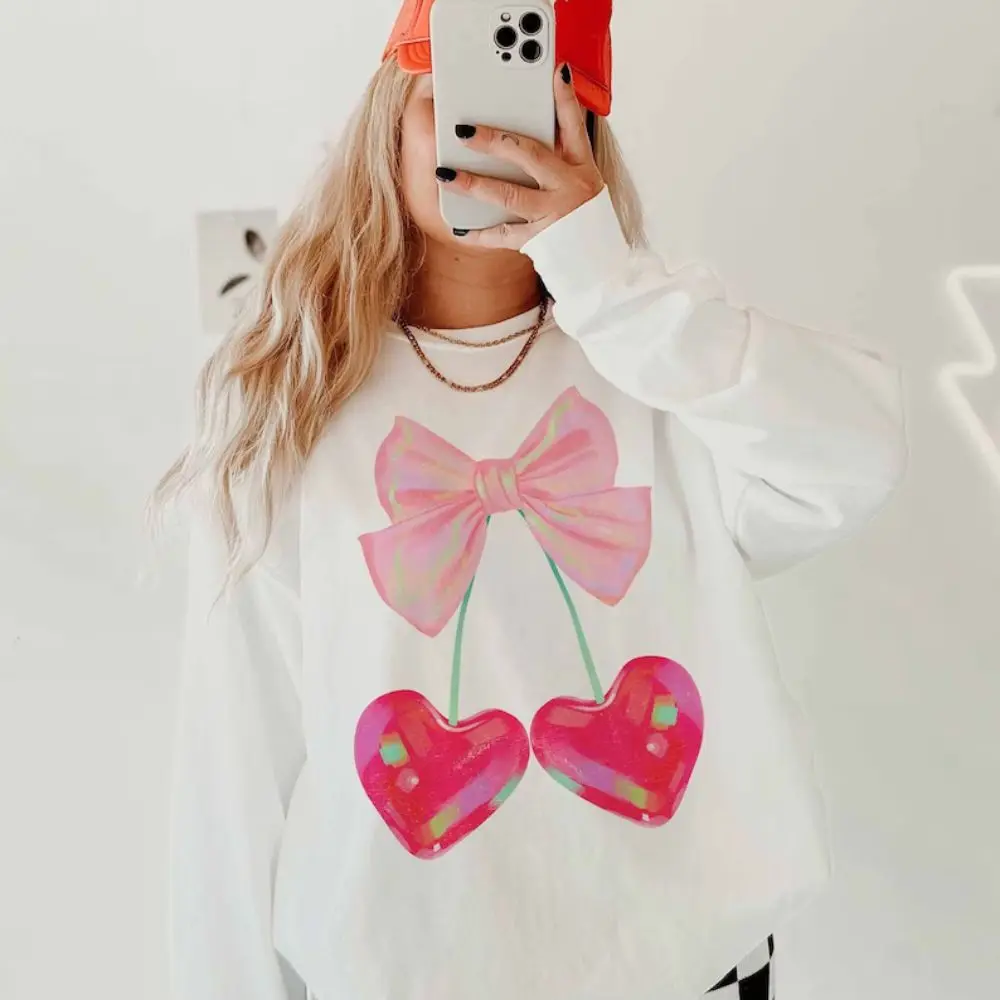 

Pink Bow Ribbon Sweatshirts Coquette Sweatshirt Womens Round Neck Sweatshirts Beautiful Basic Tops Clothes Female Pullovers