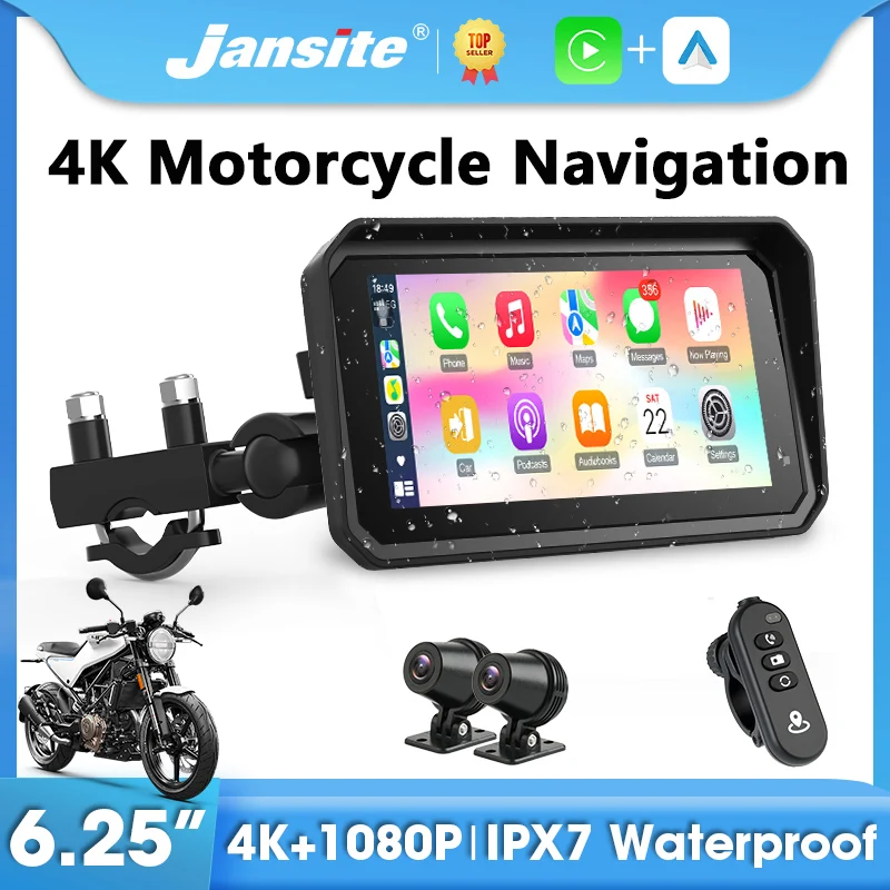 

Мотоциклетный GPS-навигатор Jansite 6,25 дюйма с беспроводным CarPlay и Android Auto, видеорегистратор для мотоцикла, водонепроницаемый IPX7, мото-DVR
