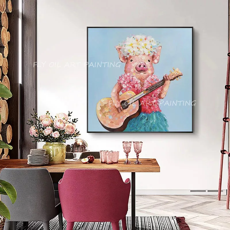 

100% Handmade pink pig playing guitar cute animal with blue canavs large size square picture oil painting for kid's living room