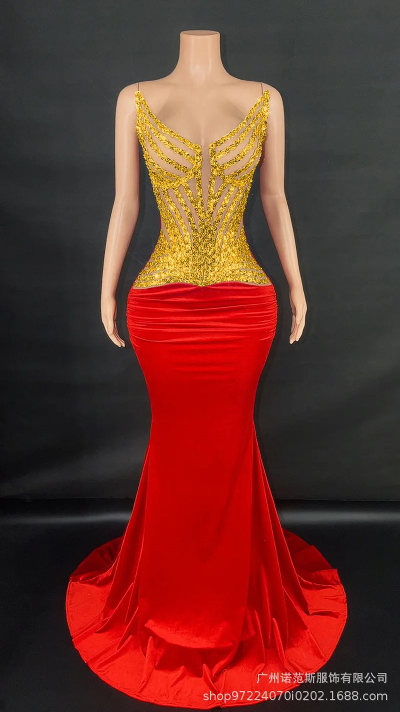 Vestido De terciopelo rojo De gama alta, vestido envuelto en la cadera, vestido De presentador De reunión anual De empresa, vestido ligero De lujo para cumpleaños, Vestidos De Gala