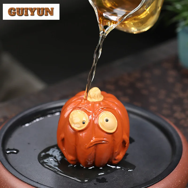 Handmade Ghost Pumpkin Purple Clay Tea Pet Boutique Halloween Tea Play Figurine Toys Sculpture Statue Tableware Supplies Crafts