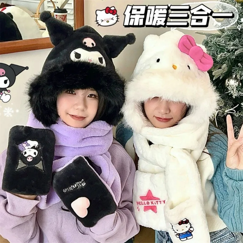 

Sanrio Windproof Scarf and Hat Three-Piece Set Plush Warm Comfortable Cute Kuromi Anime Children Winter Scarf