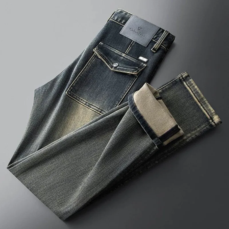 

Осенне-весенние модные однотонные американские винтажные прямые эластичные джинсовые брюки для мужчин, повседневные спортивные джинсы высокого качества
