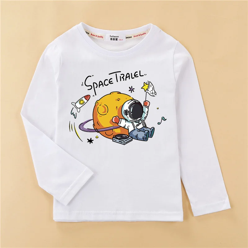 3T-14T Baby Boys Astronaut Tops Fall Summer Cotton Clothes Kids Cartoon Spaceman T-shirt Long Short Sleeve Tees