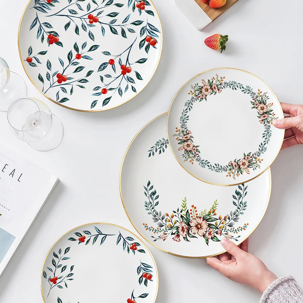 Japanese Korean Creative Wreath Design Bone China Plate Set - Ins Nordic Style Home Ceramic Serving Dishes Soup Bowl