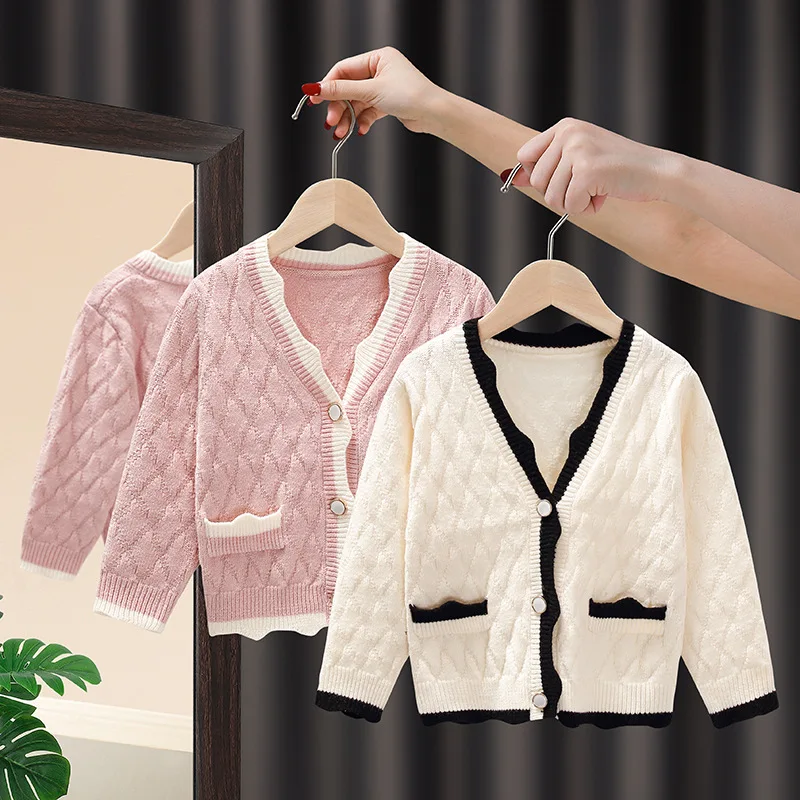 

2025 Girls Sweater Cardigan Spring Thin Coat Baby Girl Top Spring and Autumn Knitted Sweater Sweater Foreign Style