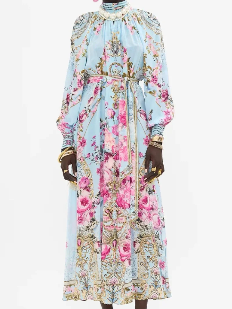 

Women's Blue Floral Printed Robe Hollow Out Stand Collar Waist Lace-up Long Sleeve Elegant 100% Silk Maxi Dress