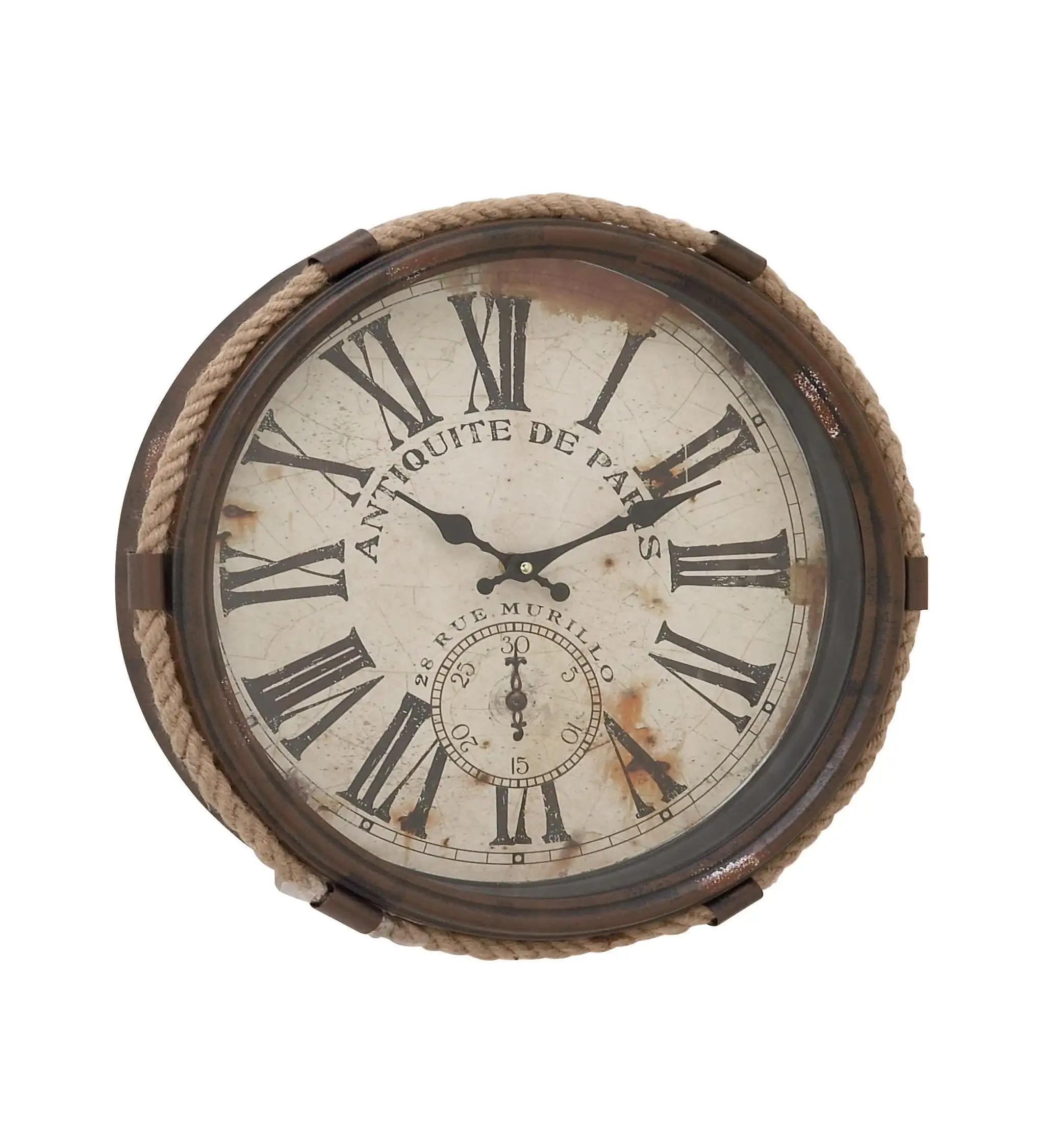 

17 Brown Metal Wall Clock with Rope Frame and Distressed Cream Clockface